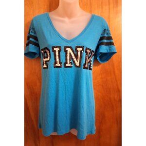 Victorias Secret PINK Spellout Sequin T-shirt Bling Logo Womens M Blue Cotton